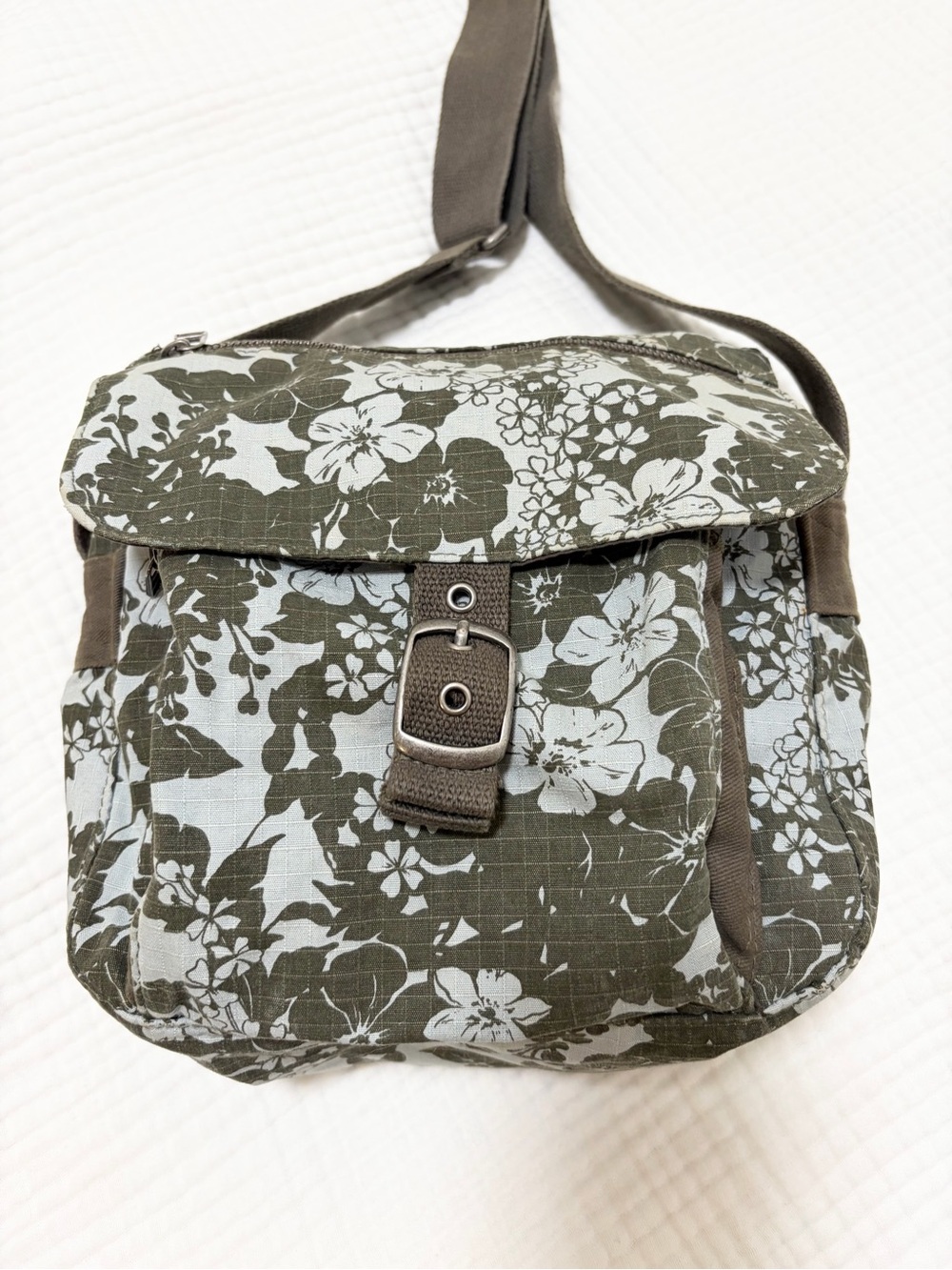 Eddie Bauer Olive and White Floral Crossbody Bag